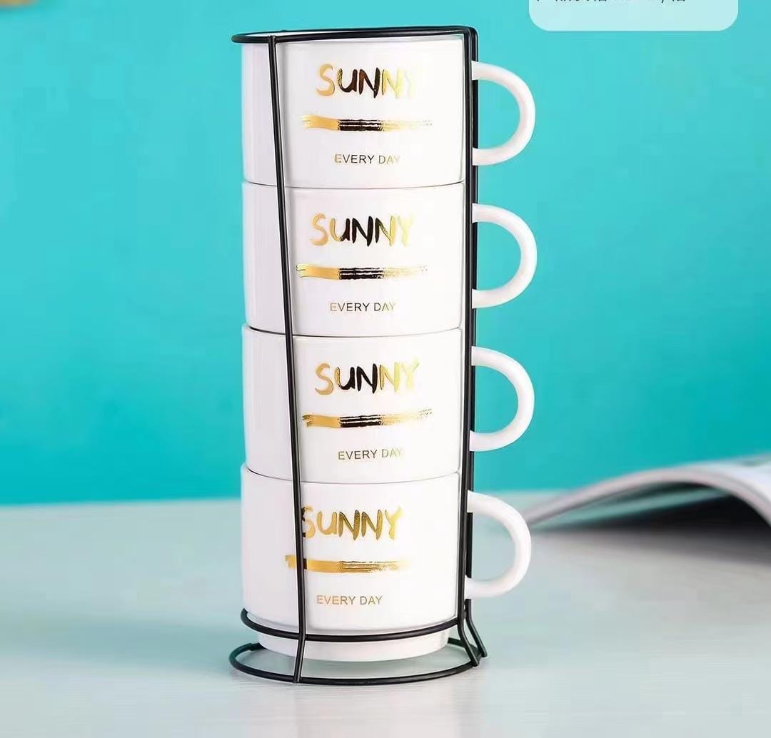 American Atelier ceramic mug and Rack set of four cups and standing metal Rack for kitchen caunter top, Table top, island,or cafe display Gift for tea and cooffee iovers,250ml-coffee World Text,black.