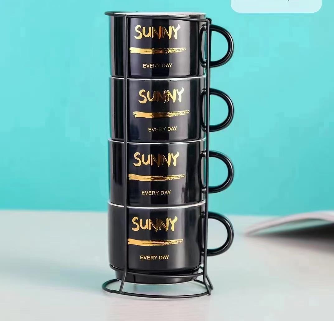 American Atelier ceramic mug and Rack set of four cups and standing metal Rack for kitchen caunter top, Table top, island,or cafe display Gift for tea and cooffee iovers,250ml-coffee World Text,black.