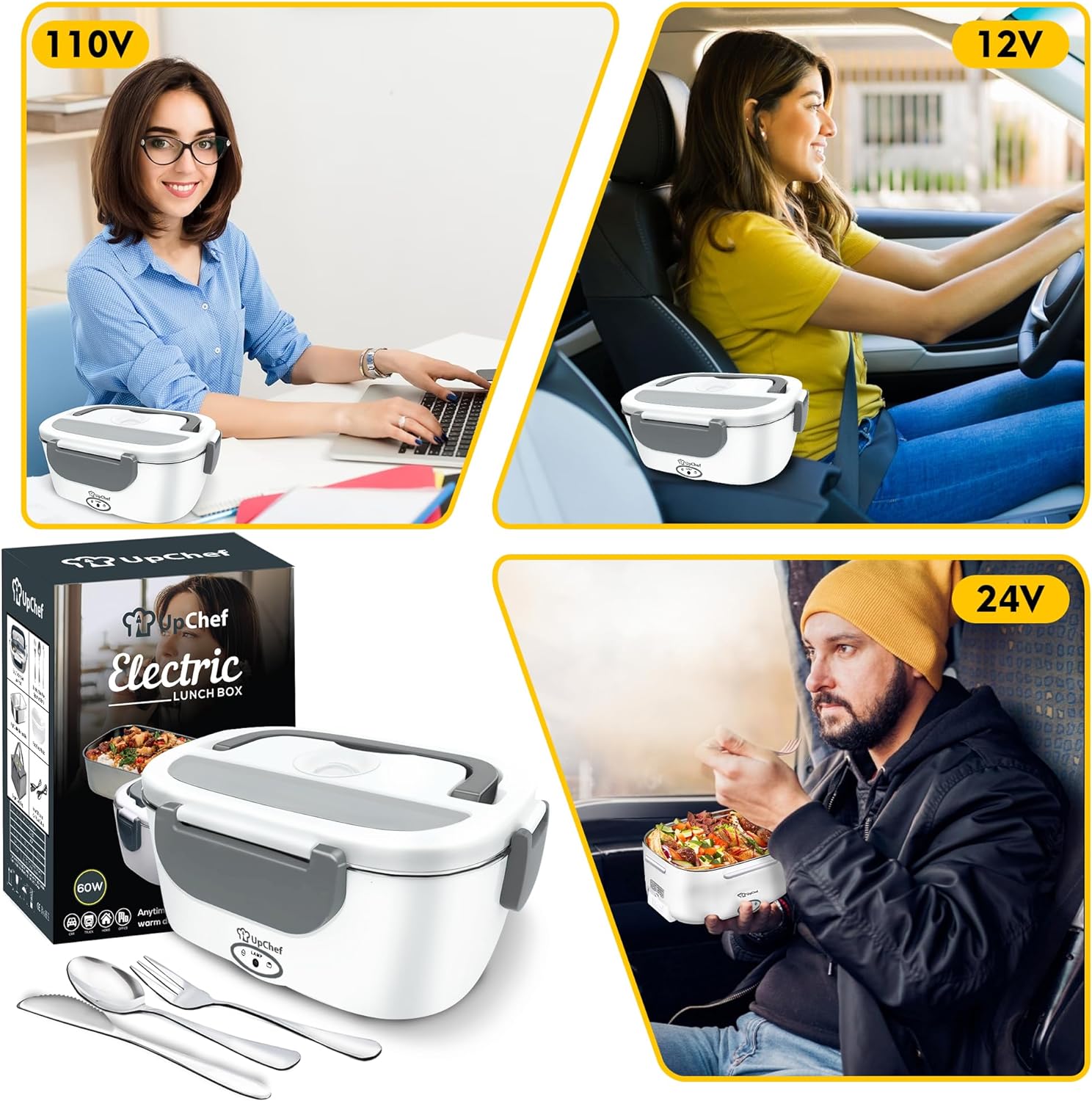 [NEW ARRIVALS!!] electric Lunch Box, 12V 24V 110V Portable Food Warmer Heated Lunch Box for Adults Reheating Meals in Car/Truck/Office/Travel, Leakproof, with 2L SS Container