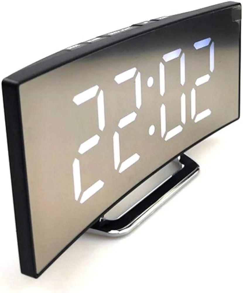 [NEW ARRIVALS!!] Digital Alarm Clock for Bedrooms, Digital Clock with Modern Curved Design, Conspicuous Blue LED Numbers, 5 Levels Brightness+Off, 2 Volume, 3 Alarm Tones, Snooze, Power-Off Memory