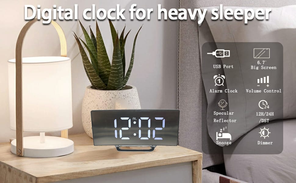 [NEW ARRIVALS!!] Digital Alarm Clock for Bedrooms, Digital Clock with Modern Curved Design, Conspicuous Blue LED Numbers, 5 Levels Brightness+Off, 2 Volume, 3 Alarm Tones, Snooze, Power-Off Memory