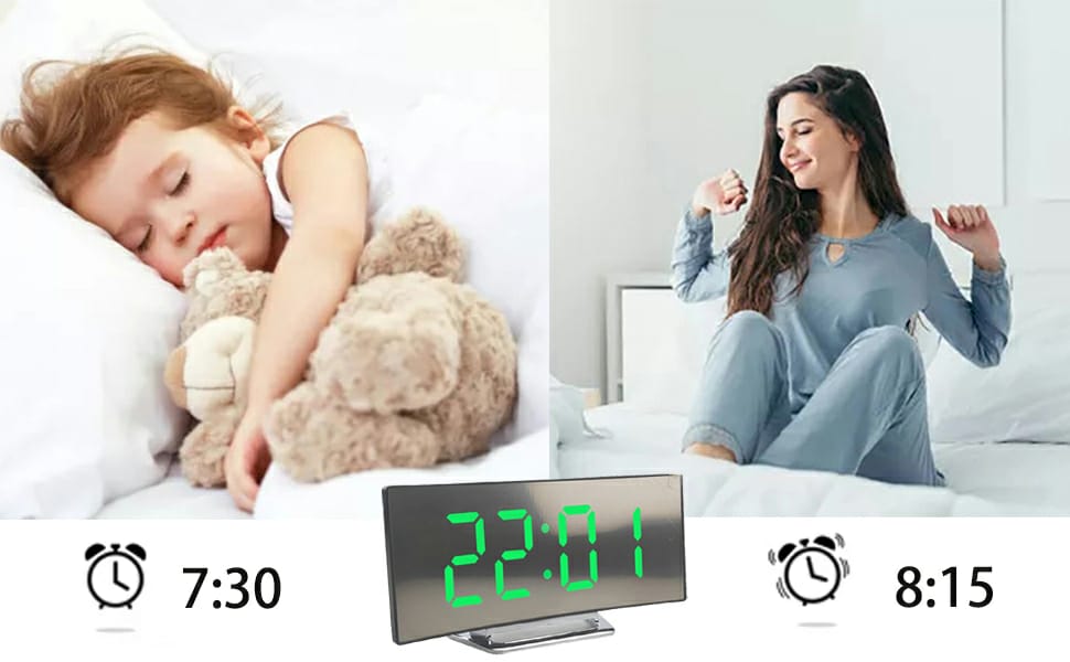[NEW ARRIVALS!!] Digital Alarm Clock for Bedrooms, Digital Clock with Modern Curved Design, Conspicuous Blue LED Numbers, 5 Levels Brightness+Off, 2 Volume, 3 Alarm Tones, Snooze, Power-Off Memory