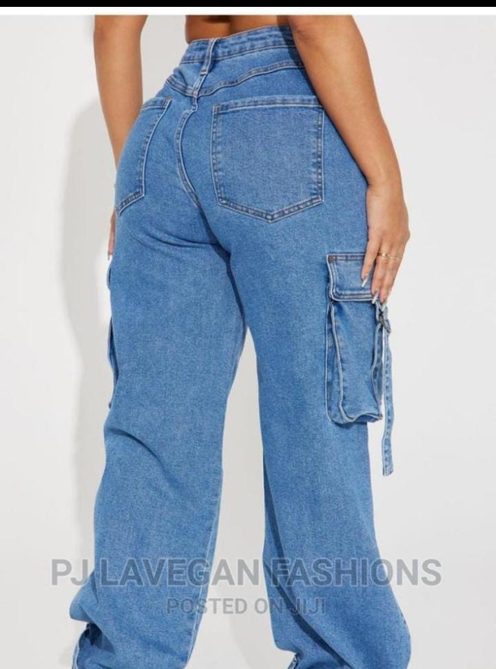 High quality denim cargo pants/ mom jeans Women's Wide Leg Casual Pants with Eight Pockets, High Waisted Cargo Pants, Combat Military Trousers