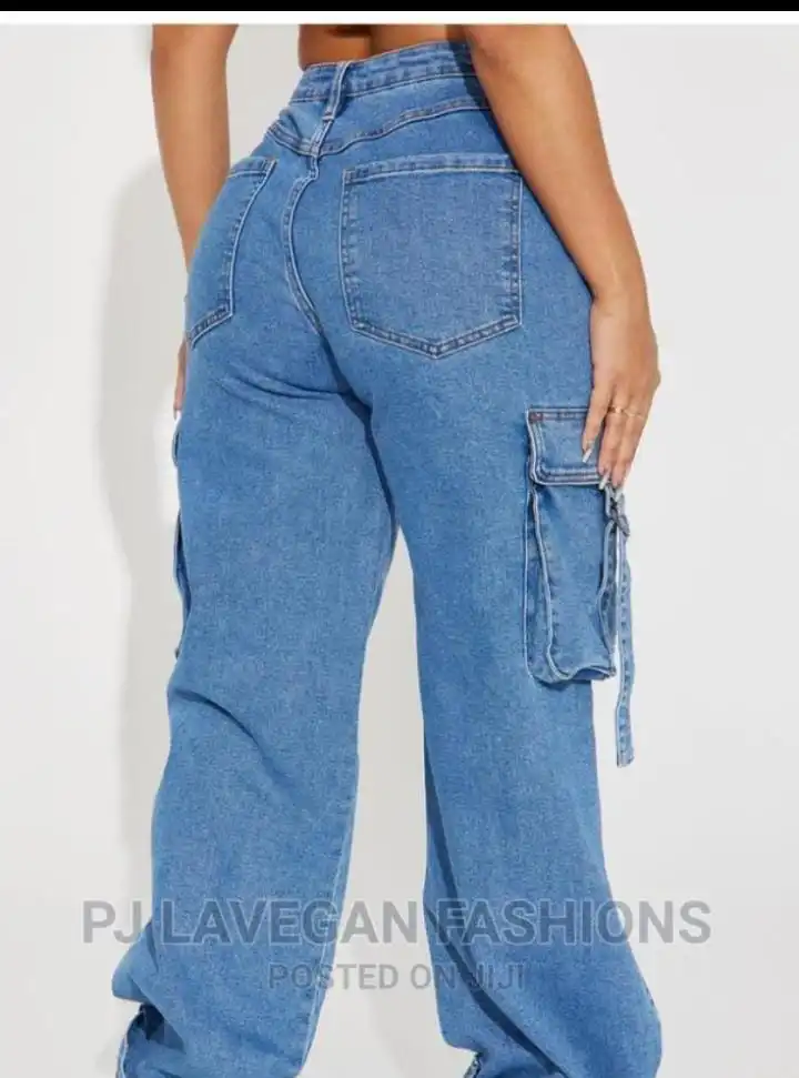 High quality denim cargo pants/ mom jeans Women's Wide Leg Casual Pants with Eight Pockets, High Waisted Cargo Pants, Combat Military Trousers