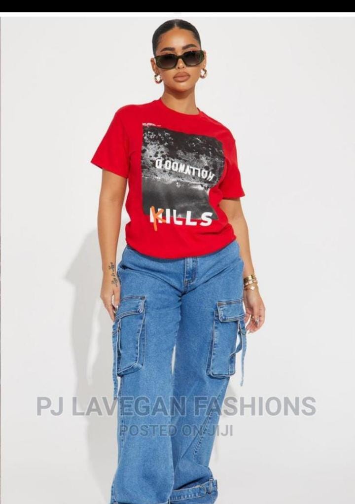High quality denim cargo pant/ mom jeans Women's Wide Leg Casual Pants with Eight Pockets, High Waisted Cargo Pants, Combat Military Trousers