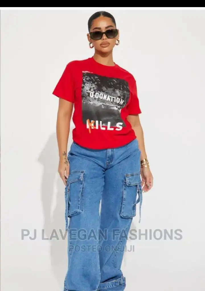 High quality denim cargo pant/ mom jeans Women's Wide Leg Casual Pants with Eight Pockets, High Waisted Cargo Pants, Combat Military Trousers