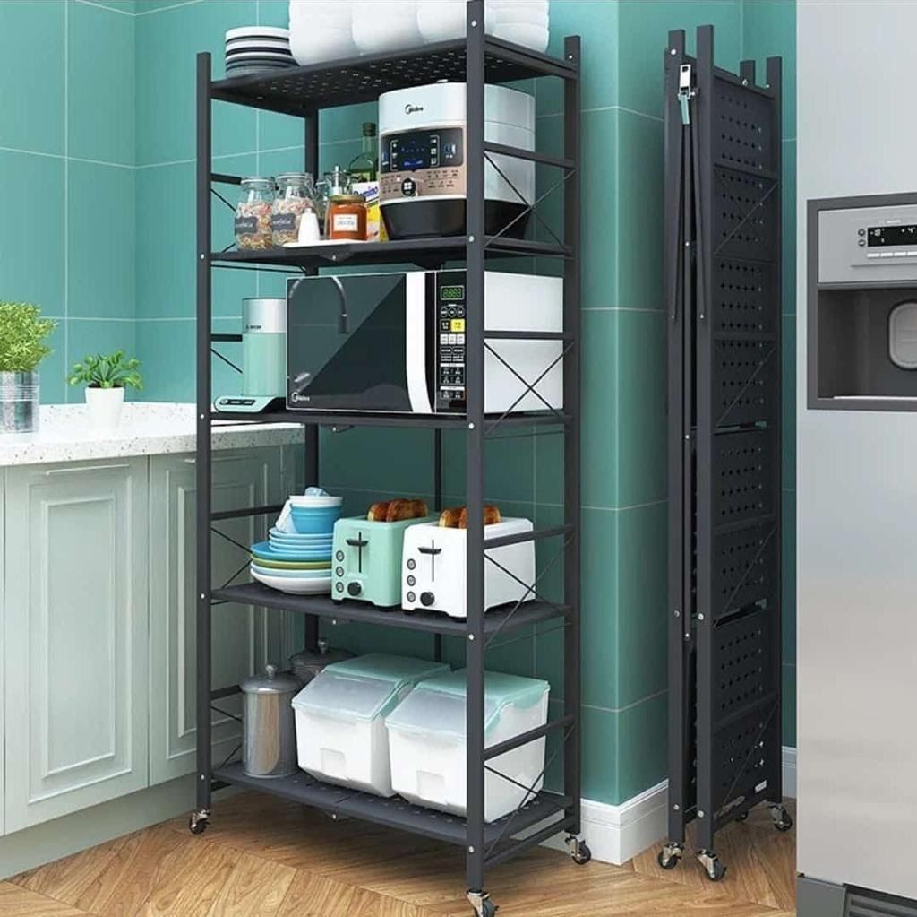 FOLDABLE STORAGE RACK. 5 LAYER Kitchen Metallic storage Rack with wheels Shelving Metal Storage Rack Adjustable Shelves, Standing Storage Shelf Units for Laundry Bathroom Kitchen
