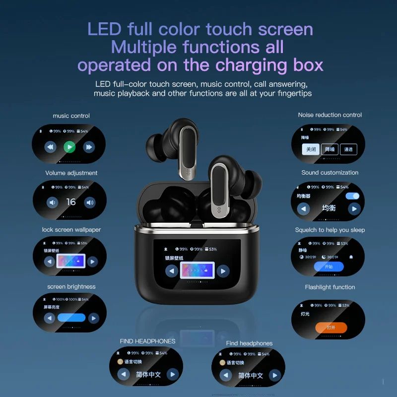 V8 Full Color Smart Screen Bluetooth Earphones HIFI In Ear Active Noise Cancellation LCD Touch IPX4 Waterproof Sports Earbuds