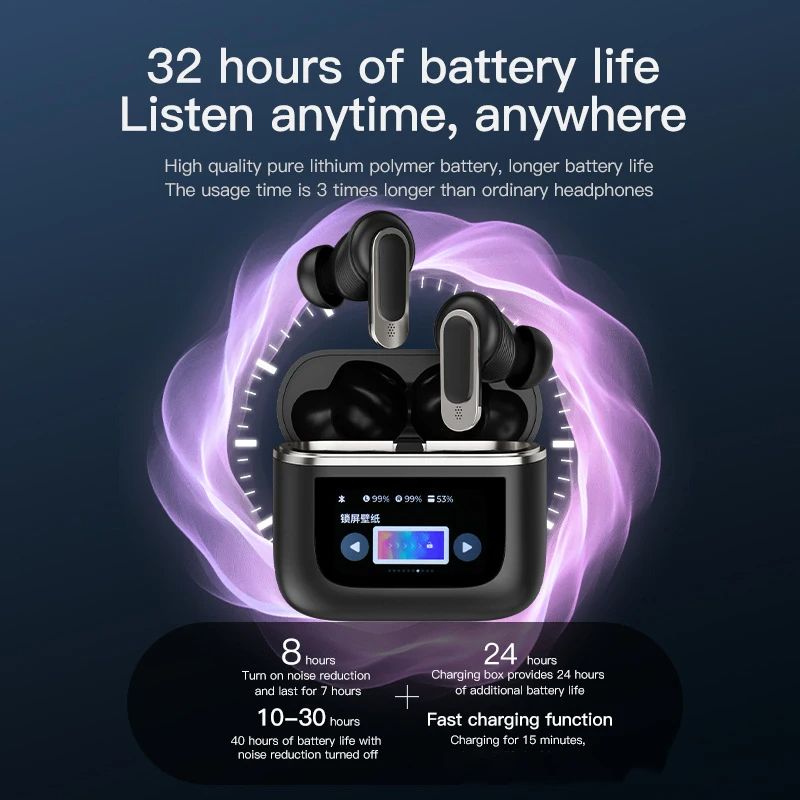V8 Full Color Smart Screen Bluetooth Earphones HIFI In Ear Active Noise Cancellation LCD Touch IPX4 Waterproof Sports Earbuds