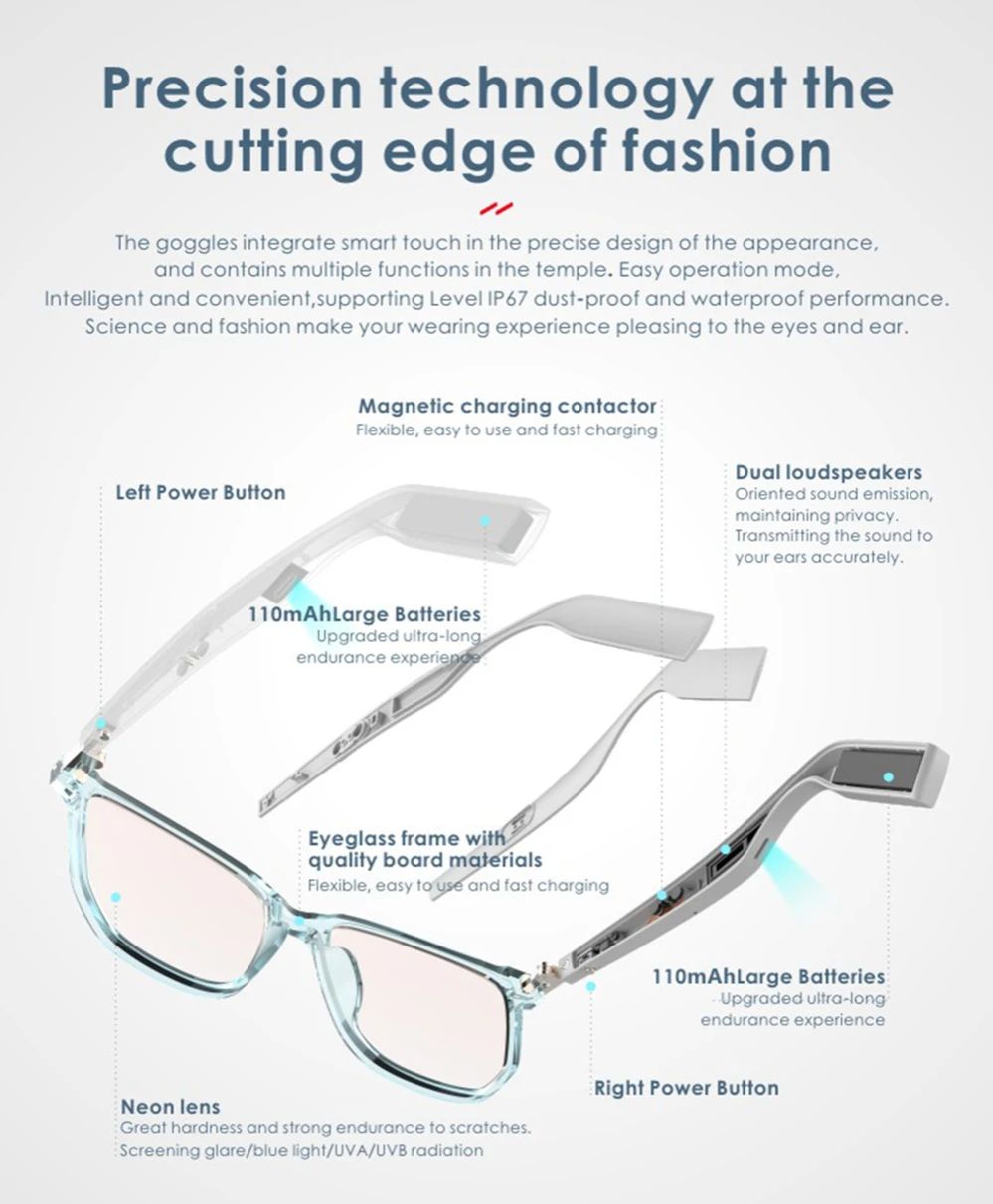 New H2 Smart Bluetooth Glasses Man Women Glasses Sport Otdoor Music Hands-Free Calling Anti-Blue Eyeglasses IP67 for Android Iphone