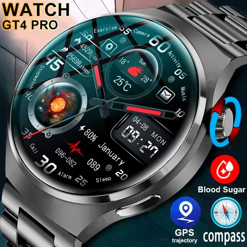 New GPS Smart Watch Men For GT4 Pro 360*360 HD Screen Heart rate Bluetooth Call NFC IP68 Waterproof Blood Sugar Smartwatch