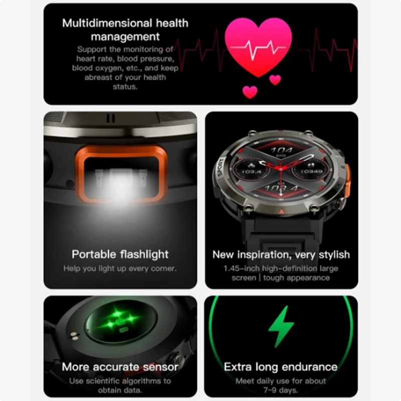 New arrival S100 Smart Watch Men With Flashlight Outdoor Sport Fitness Tracker Blood Pressure Clock Waterproof Smartwatch