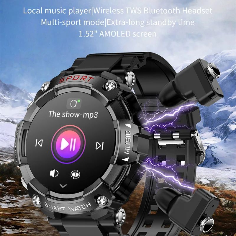 Smart Watch T96 Men TWS Earphone 1.52inch Amoled 3 IN 1 Local Music Player Wireless Headset Bluetooth Call Earbuds Smartwatch
