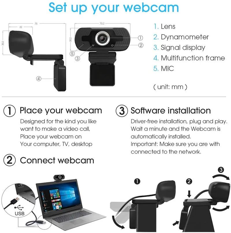 1080P Computer Camera Built-in 110 ° Wide Angle and Microphone for Most System Applications and Can Be Installed on The Monitor