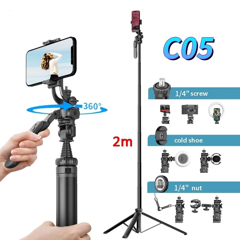 C05 2m Multifunctional Metal Tripod Selfie Stick Rotating Bracket With Remote Control For Phone / SLR Panoramic Action Camera