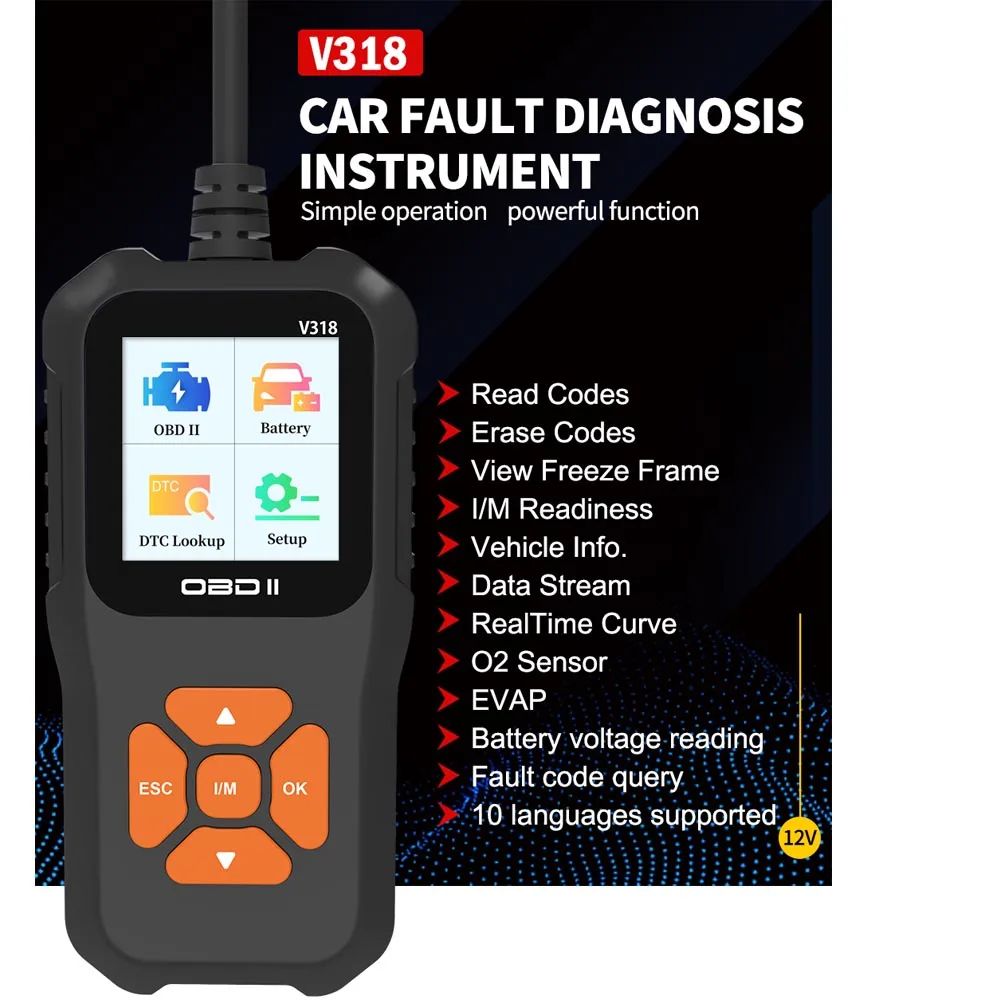 V318 Auto Diagnostic Tool Scanner Automobile Battery Tester OBD2 Automobile Clear Fault Detects Support Multiple Languages