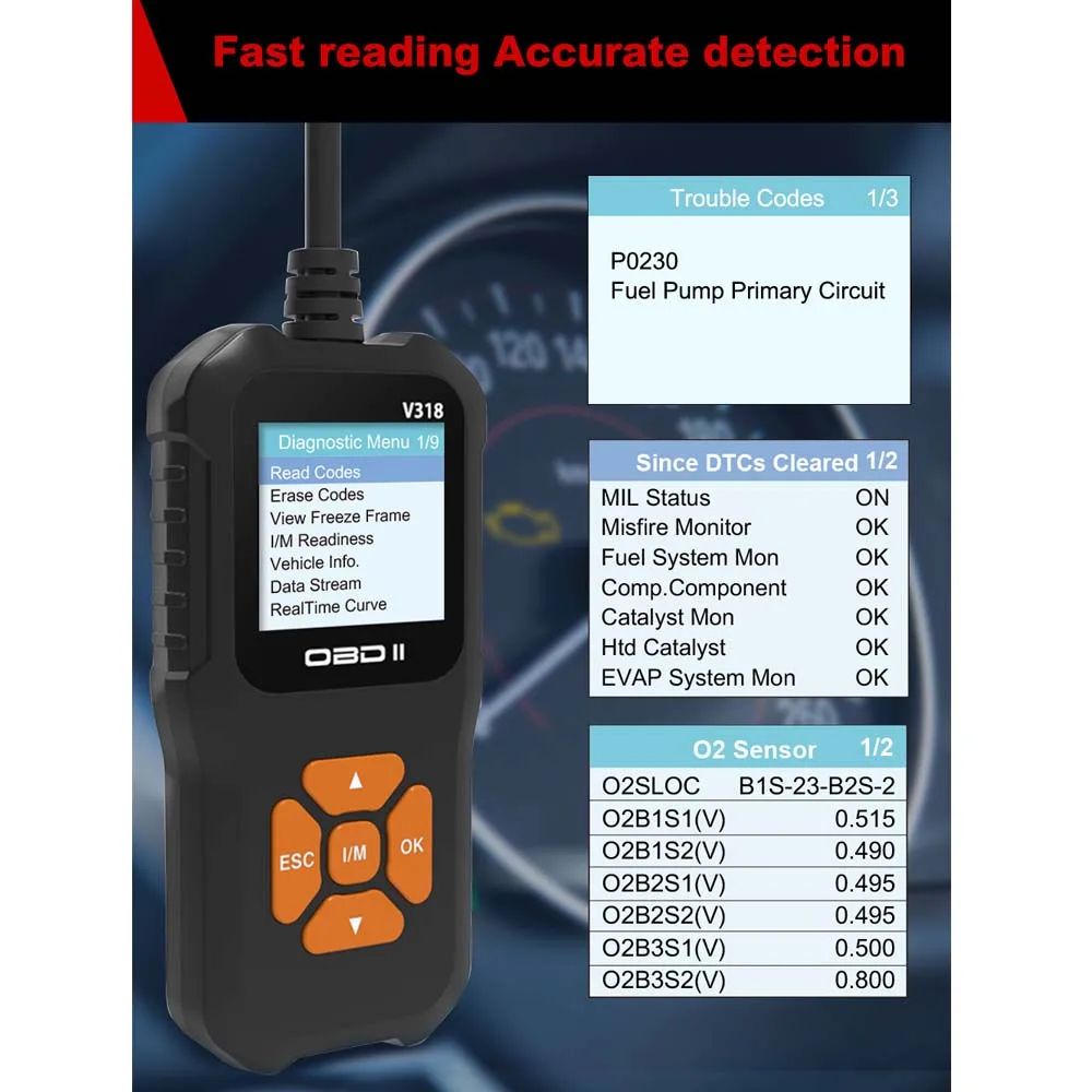 V318 Auto Diagnostic Tool Scanner Automobile Battery Tester OBD2 Automobile Clear Fault Detects Support Multiple Languages