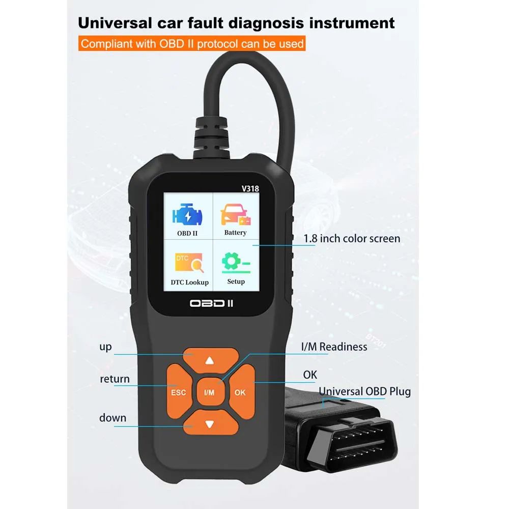 V318 Auto Diagnostic Tool Scanner Automobile Battery Tester OBD2 Automobile Clear Fault Detects Support Multiple Languages