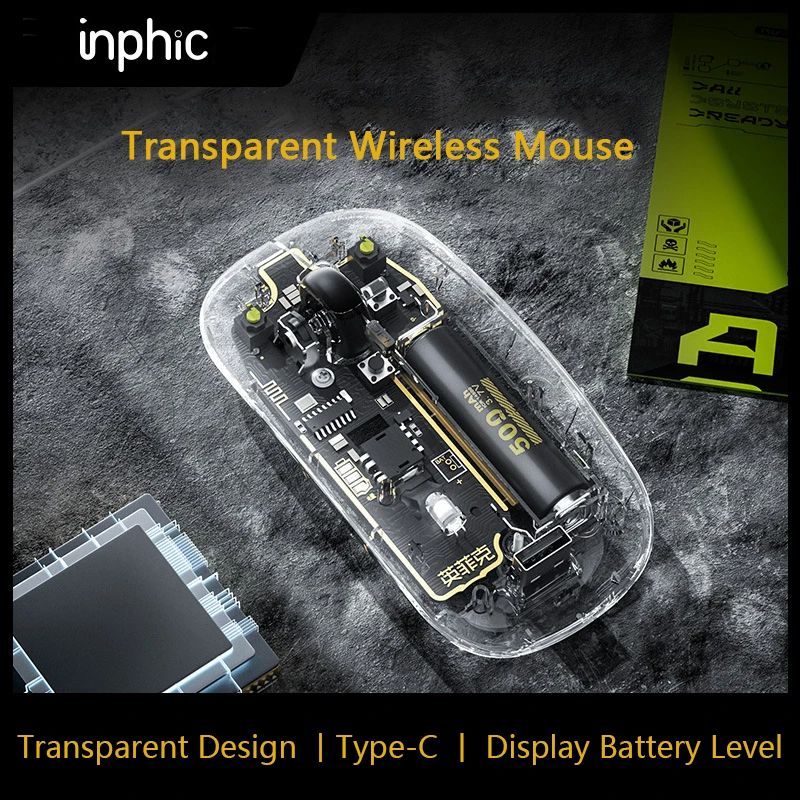 Rechargeable Wireless Mouse Display Battery Level 1600DPI Silent Transparent Mouse Ergonomic Optical Mice for PC Laptop