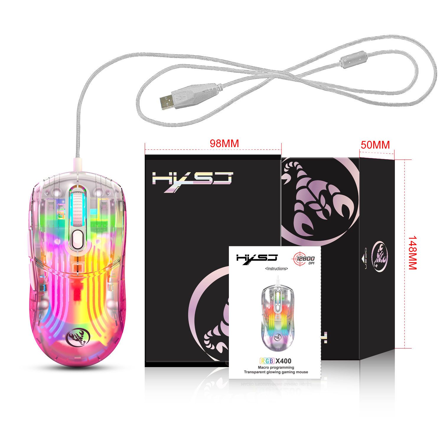 X400 Transparent Wired Gaming Mouse 7-key Macro Programming Braided Wire 12800dpi RGB Backlight Esports Mouse