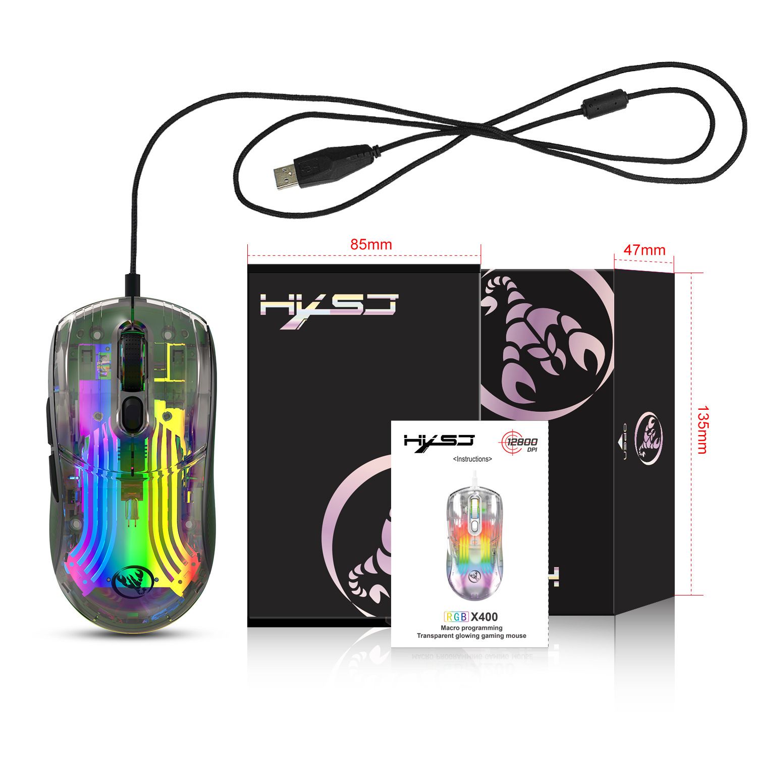 X400 Transparent Wired Gaming Mouse 7-key Macro Programming Braided Wire 12800dpi RGB Backlight Esports Mouse