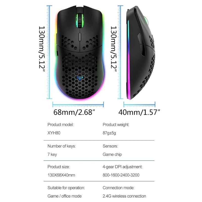 XYH80 Hollow-out Honeycomb 2.4GHz Wireless Gaming Mouse 4 Gear 3200 DPI RGB Lighting Mice for PC Laptop