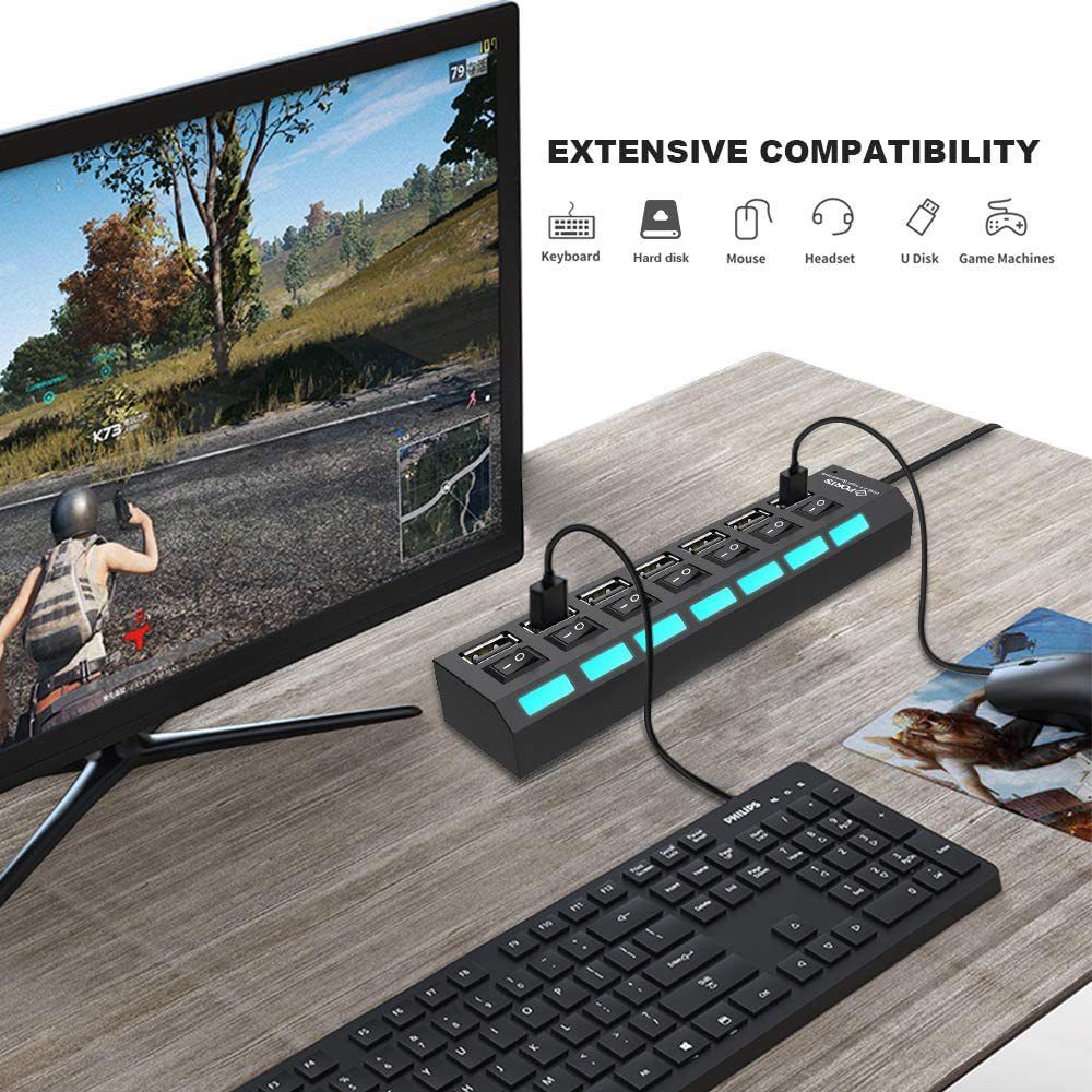 High Speed 4/7 Ports USB HUB Docking Station 2.0 Adapter Expander Multi Port Splitter Multiple Extender USB Hubs with Independent On/Off Switch and LED Indicators for Laptop, PC, Computer