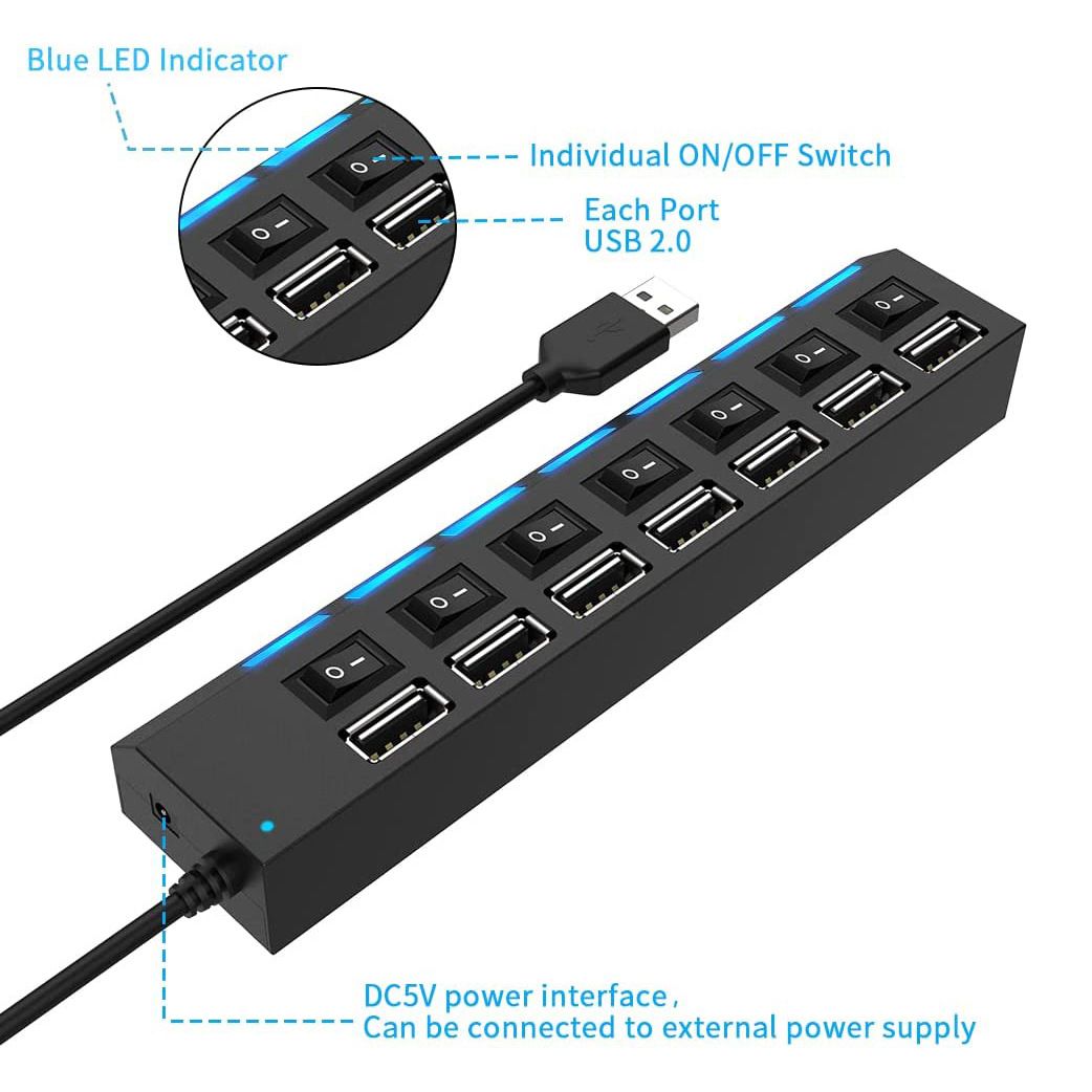 High Speed 4/7 Ports USB HUB Docking Station 2.0 Adapter Expander Multi Port Splitter Multiple Extender USB Hubs with Independent On/Off Switch and LED Indicators for Laptop, PC, Computer