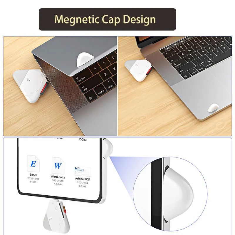 3 In 1 Memory Card Reader With Triangle Magnetic Cap USB-C USB Lightning Port Support TF/SD For PC Laptop MacBook Smart Phone