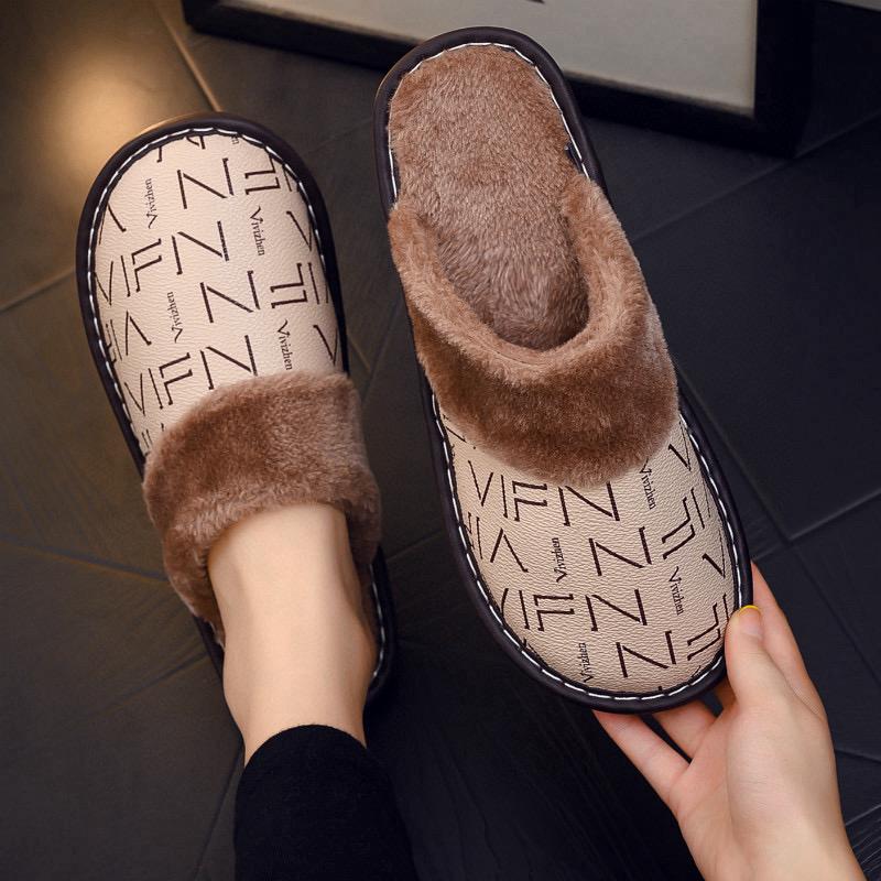 High Quality Unisex Printed Plush Indoor Slippers ; PU Leather Furry & Comfortable Warm Home Flip flops Unisex Shoes