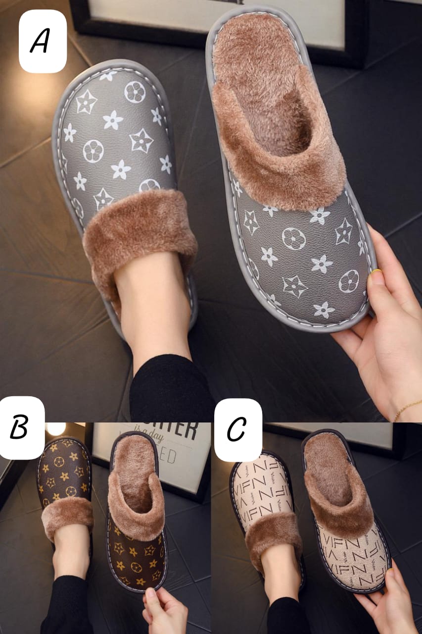 High Quality Unisex Printed Plush Indoor Slippers ; PU Leather Furry & Comfortable Warm Home Flip flops Unisex Shoes