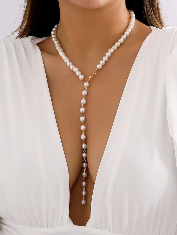 Pearl Necklace for Women Fashion Necklace, Long Faux White Pearl Necklace Beaded Necklace Boho Jewlery for Wedding Working Travel Nice Gift for Ladies Girls