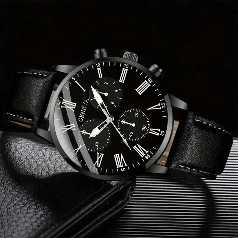 2pcs Men Leather Watch+Bracelet Man Luxury Quartz Stainless Steel Wrist Watches Mens Wristwatch For Male Fashion Quartz Analog Valentine Gift