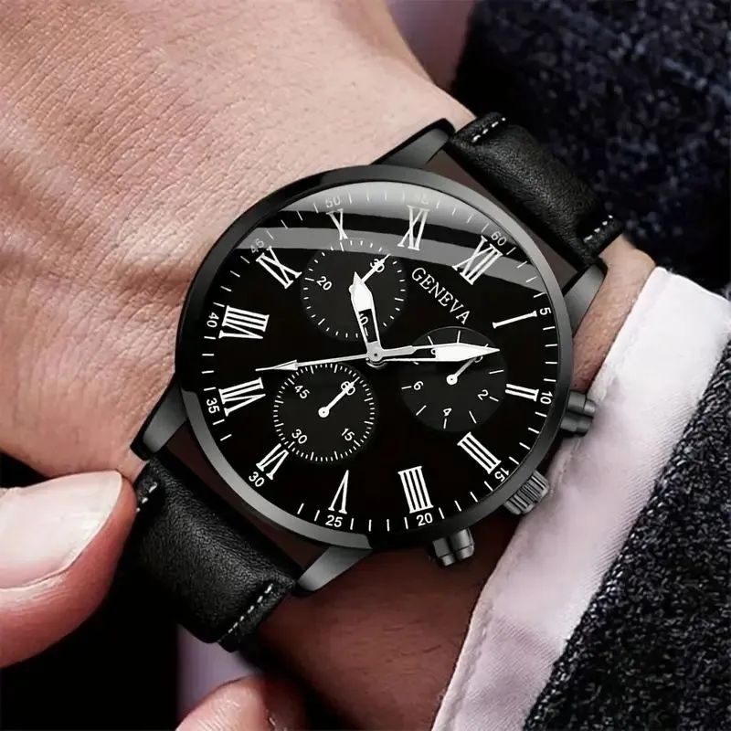 2pcs Men Leather Watch+Bracelet Man Luxury Quartz Stainless Steel Wrist Watches Mens Wristwatch For Male Fashion Quartz Analog Valentine Gift