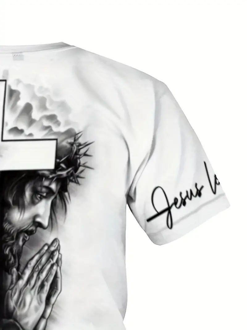 Men's Lion & Cross Graphic T-Shirt, Polyester Crew Neck Short Sleeve All Over Print with Slight Stretch, Casual Style for Adult - Machine Washable Summer Tee