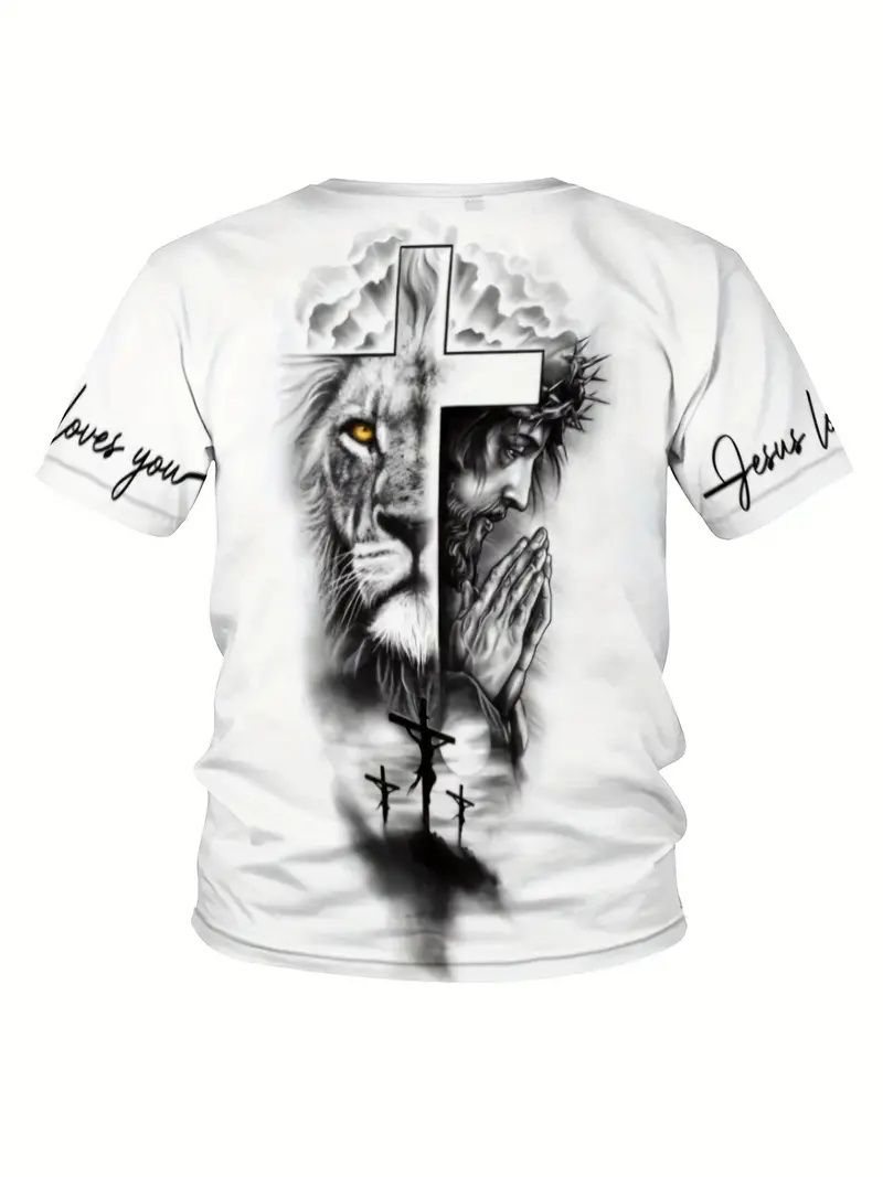Men's Lion & Cross Graphic T-Shirt, Polyester Crew Neck Short Sleeve All Over Print with Slight Stretch, Casual Style for Adult - Machine Washable Summer Tee