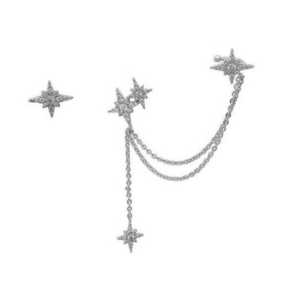 Temperament asymmetric long women's tassel earrings one-piece star ear cuff earrings