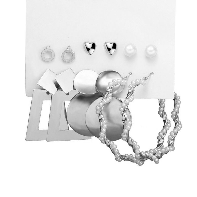Valentine's Day Gift Elegant Jewelry 6 Sets of Alloy Wrap-around Earrings Set of Earrings Silver Personalized Exaggerated Earrings Inlaid Pearl Earrings