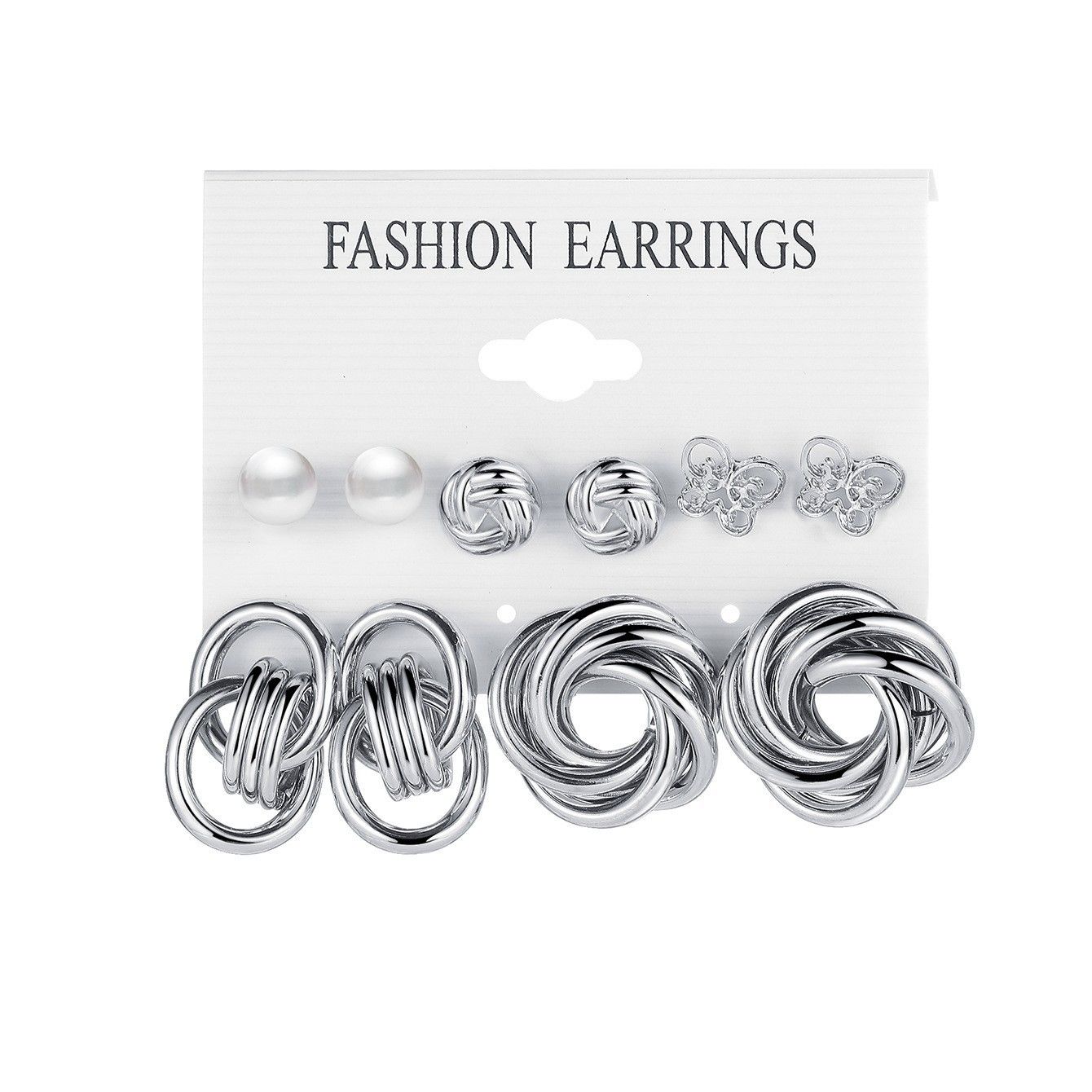 Valentine's Day Gift Elegant Jewelry 6 Sets of Alloy Wrap-around Earrings Set of Earrings Silver Personalized Exaggerated Earrings Inlaid Pearl Earrings