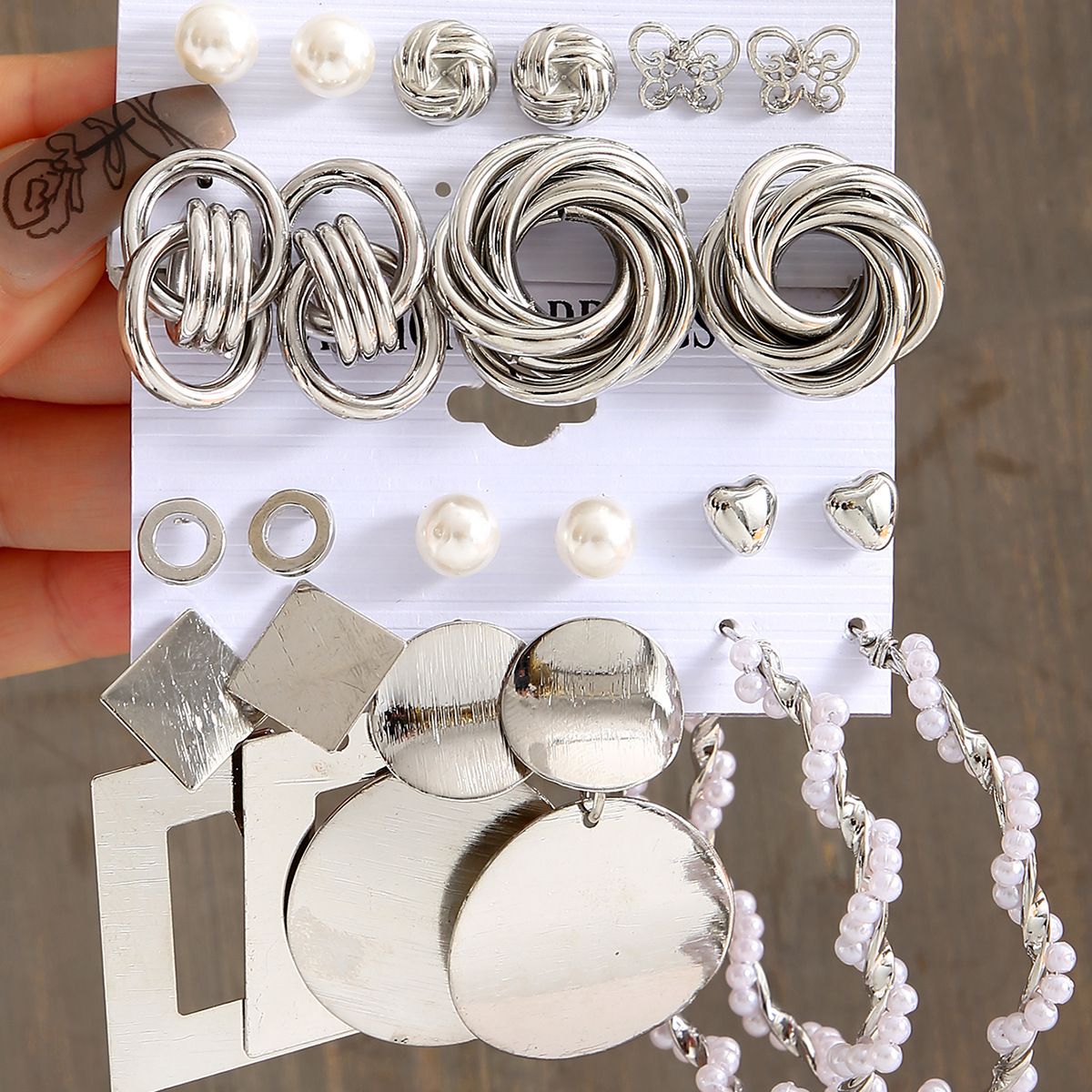 Valentine's Day Gift Elegant Jewelry 6 Sets of Alloy Wrap-around Earrings Set of Earrings Silver Personalized Exaggerated Earrings Inlaid Pearl Earrings