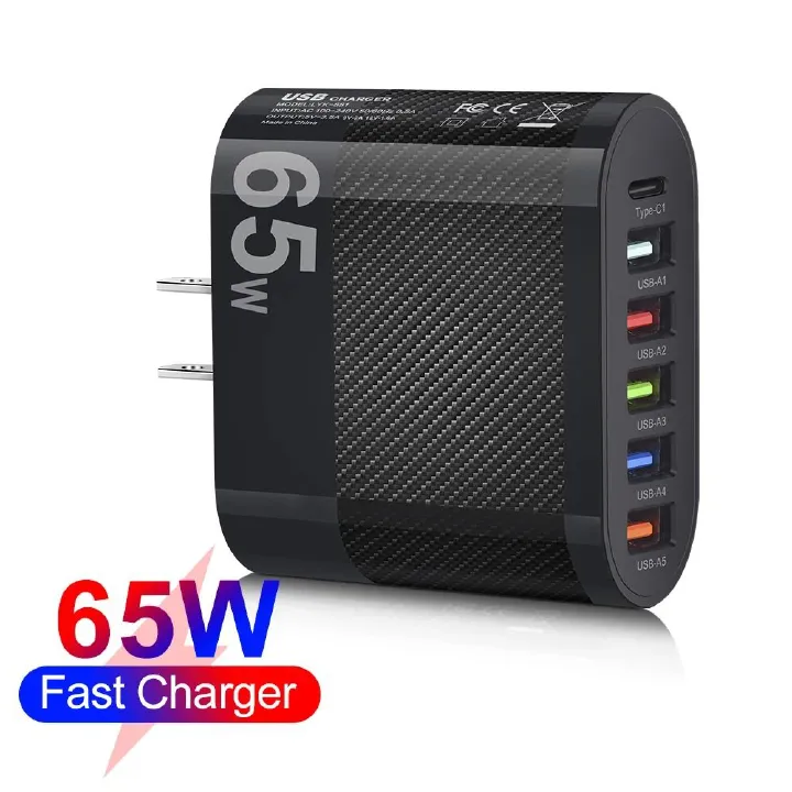 Mobile Phone 65W 4 Ports  +1 TType-C USB Charger PD Fast Charging 4 Ports Mobile Phone Charger for All Smart Phone Quick Charge3.0 Fast Wall Charger