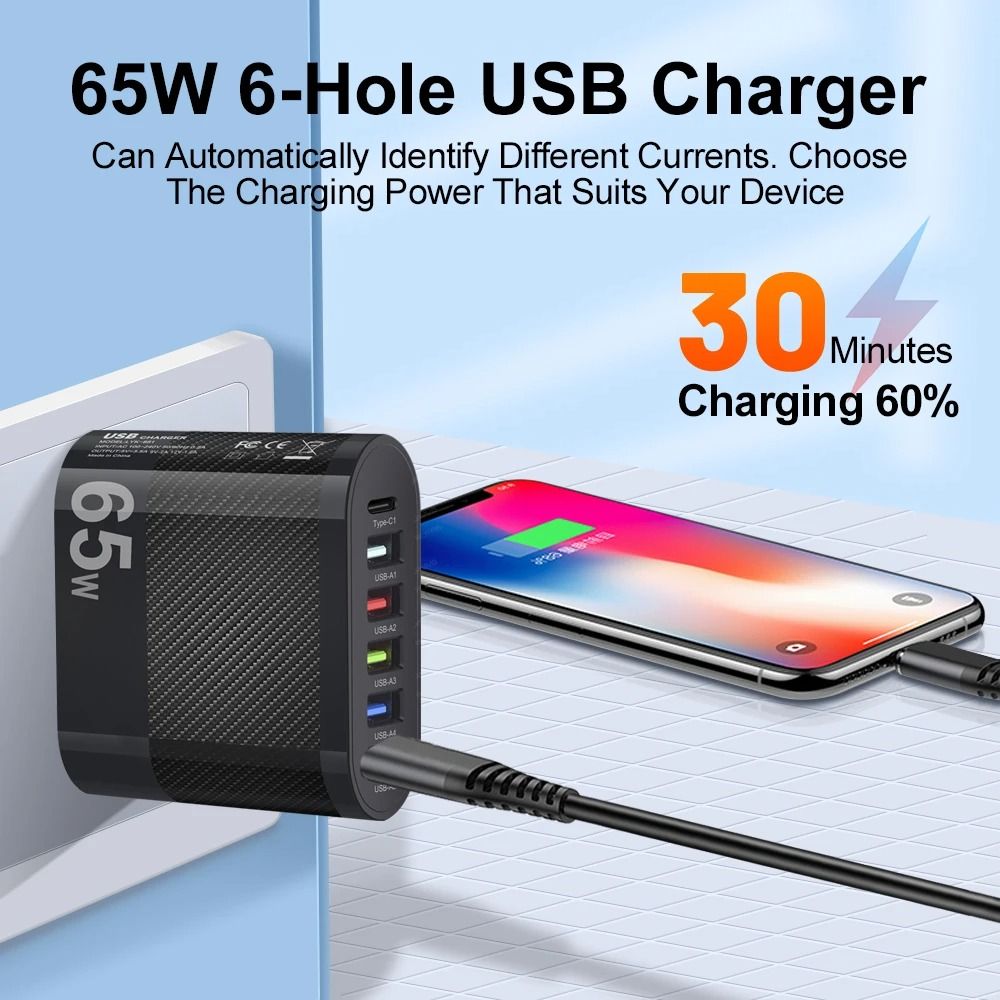 Mobile Phone 65W 4 Ports  +1 TType-C USB Charger PD Fast Charging 4 Ports Mobile Phone Charger for All Smart Phone Quick Charge3.0 Fast Wall Charger