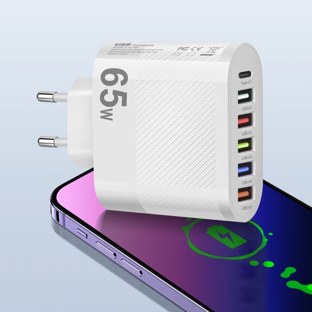 Mobile Phone 65W 4 Ports  +1 TType-C USB Charger PD Fast Charging 4 Ports Mobile Phone Charger for All Smart Phone Quick Charge3.0 Fast Wall Charger