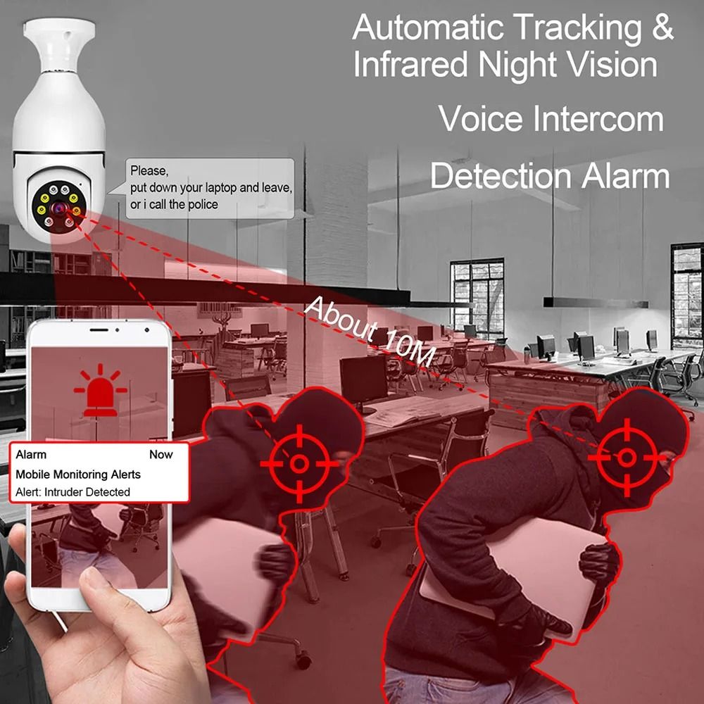 2MP Bulb Surveillance Camera Home CCTV Hidden Cameras Night Vision Full Color Automatic Human Tracking Zoom Indoor Security Monitor Wifi Camera