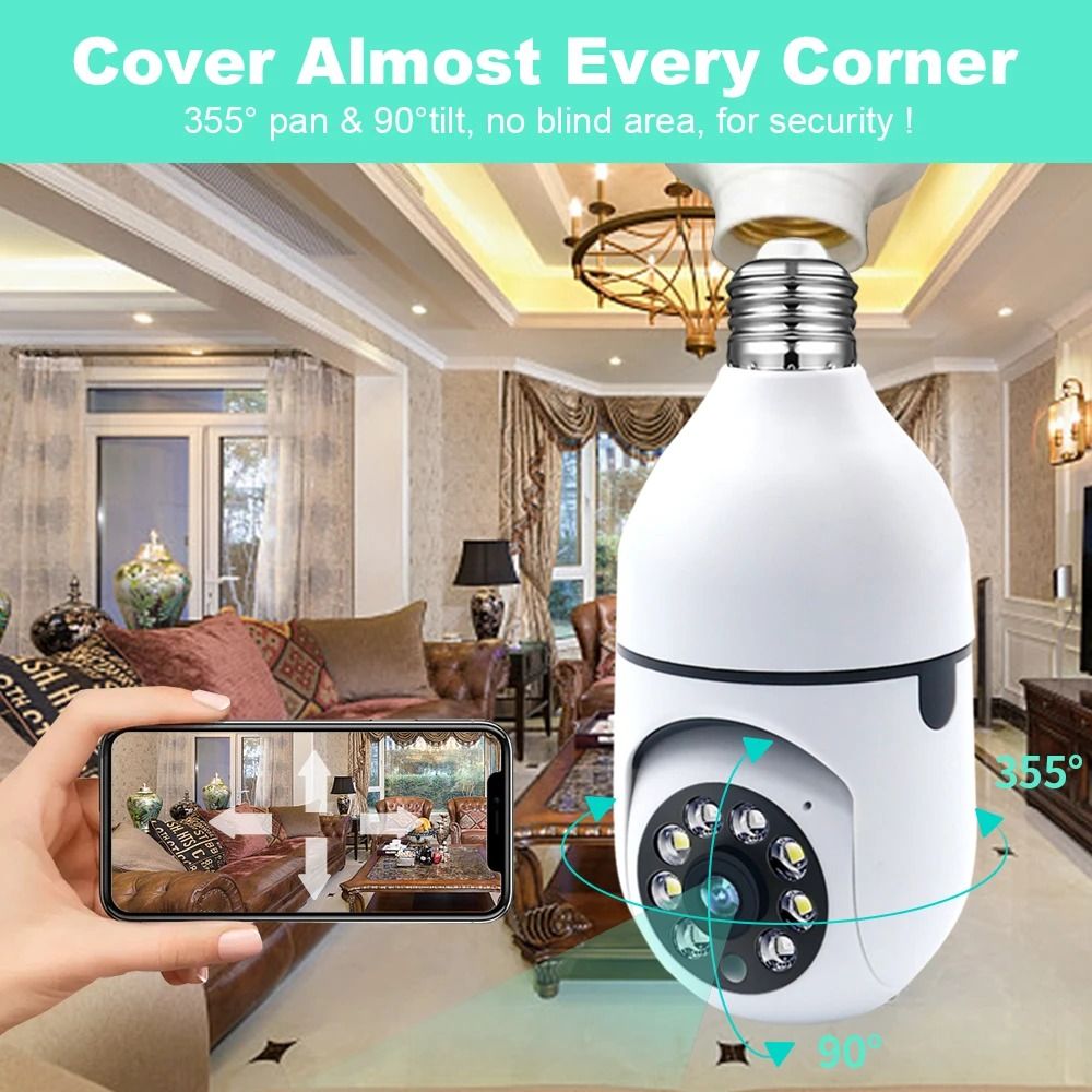 2MP Bulb Surveillance Camera Home CCTV Hidden Cameras Night Vision Full Color Automatic Human Tracking Zoom Indoor Security Monitor Wifi Camera