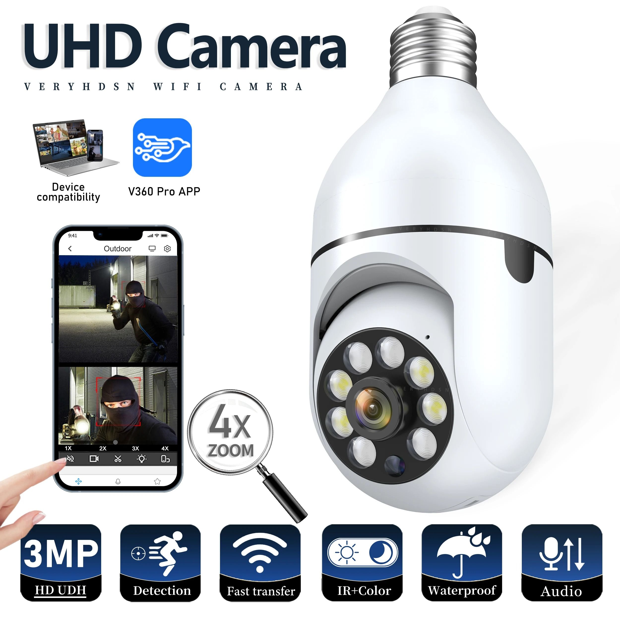 2MP Bulb Surveillance Camera Home CCTV Hidden Cameras Night Vision Full Color Automatic Human Tracking Zoom Indoor Security Monitor Wifi Camera
