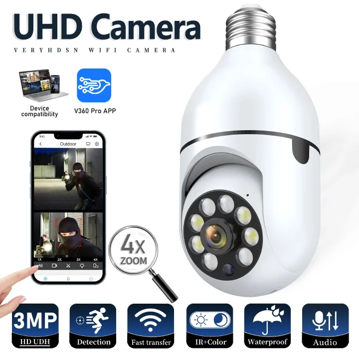 2MP Bulb Surveillance Camera Home CCTV Hidden Cameras Night Vision Full Color Automatic Human Tracking Zoom Indoor Security Monitor Wifi Camera