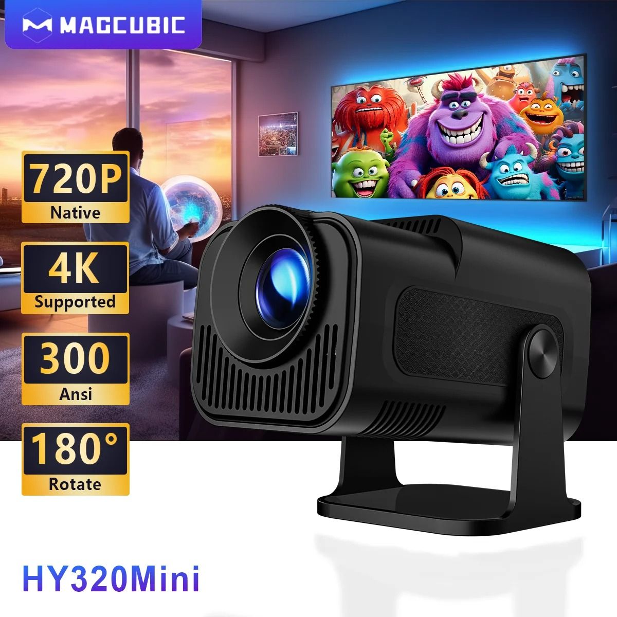 New 2025 HY320PRO Mini Newly Native 720P Android 11 4K Projector 300ANSI Wifi6 BT5.0 Cinema Outdoor Portable 180° Rotable Projector