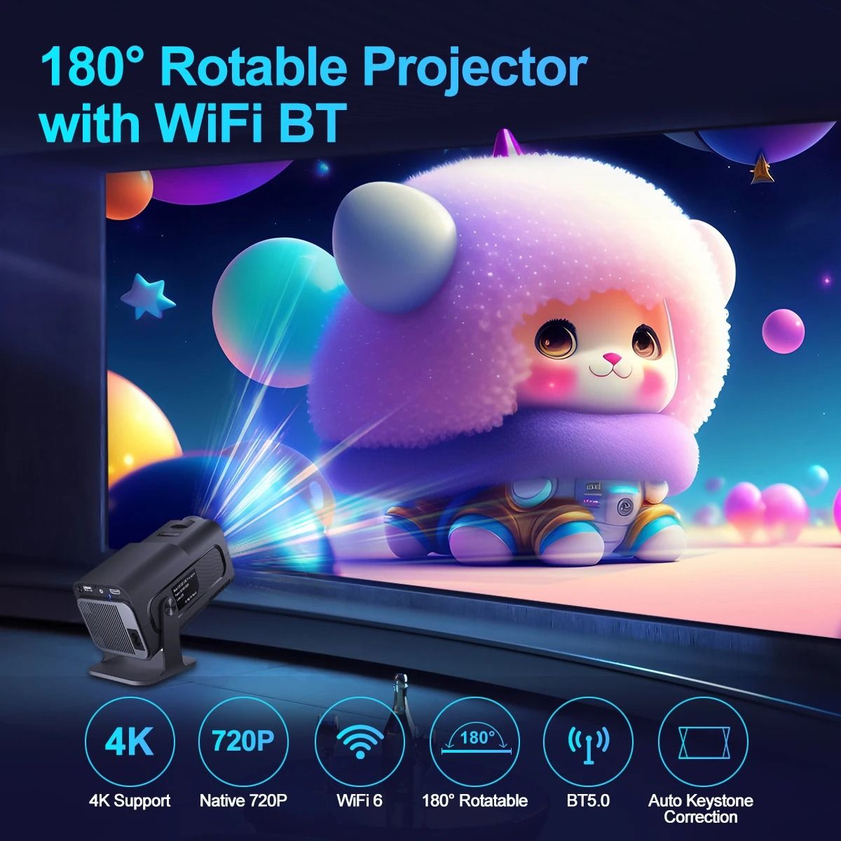 New 2025 HY320PRO Mini Newly Native 720P Android 11 4K Projector 300ANSI Wifi6 BT5.0 Cinema Outdoor Portable 180° Rotable Projector