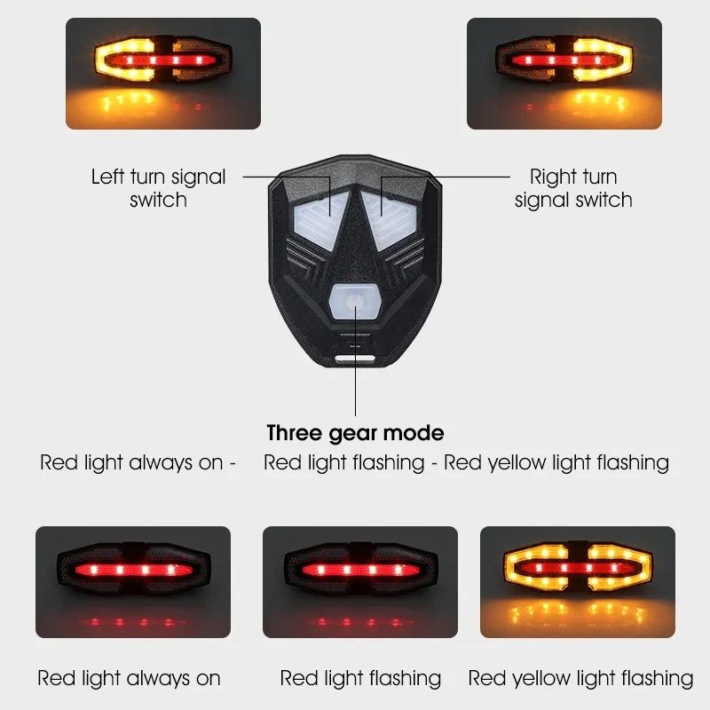 Wireless Remote Control Bike Turn Signal Tail Lamp 5 Modes Rechargeable Bicycle Rear Light Outdoor Security Cycling Warning Lights with Horn